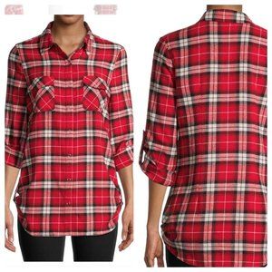NWT No Boundaries Juniors Plaid Flannel Pocket Front Red Black Top Blouse SZ XS
